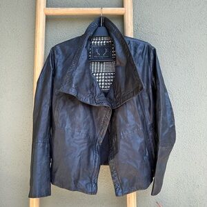 Women’s Black Leather Jacket - Sleek Draped Front